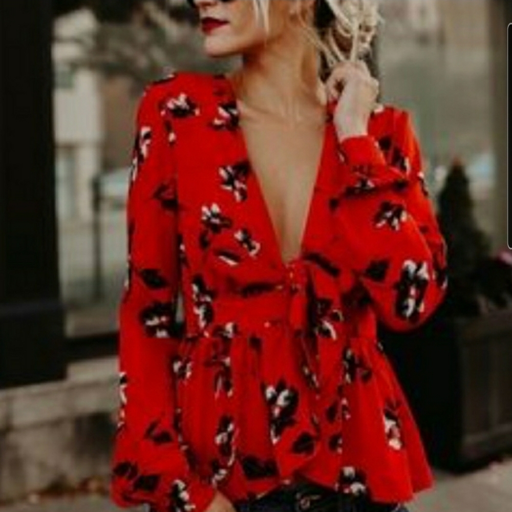 Red floral Rendezvous tied blouse